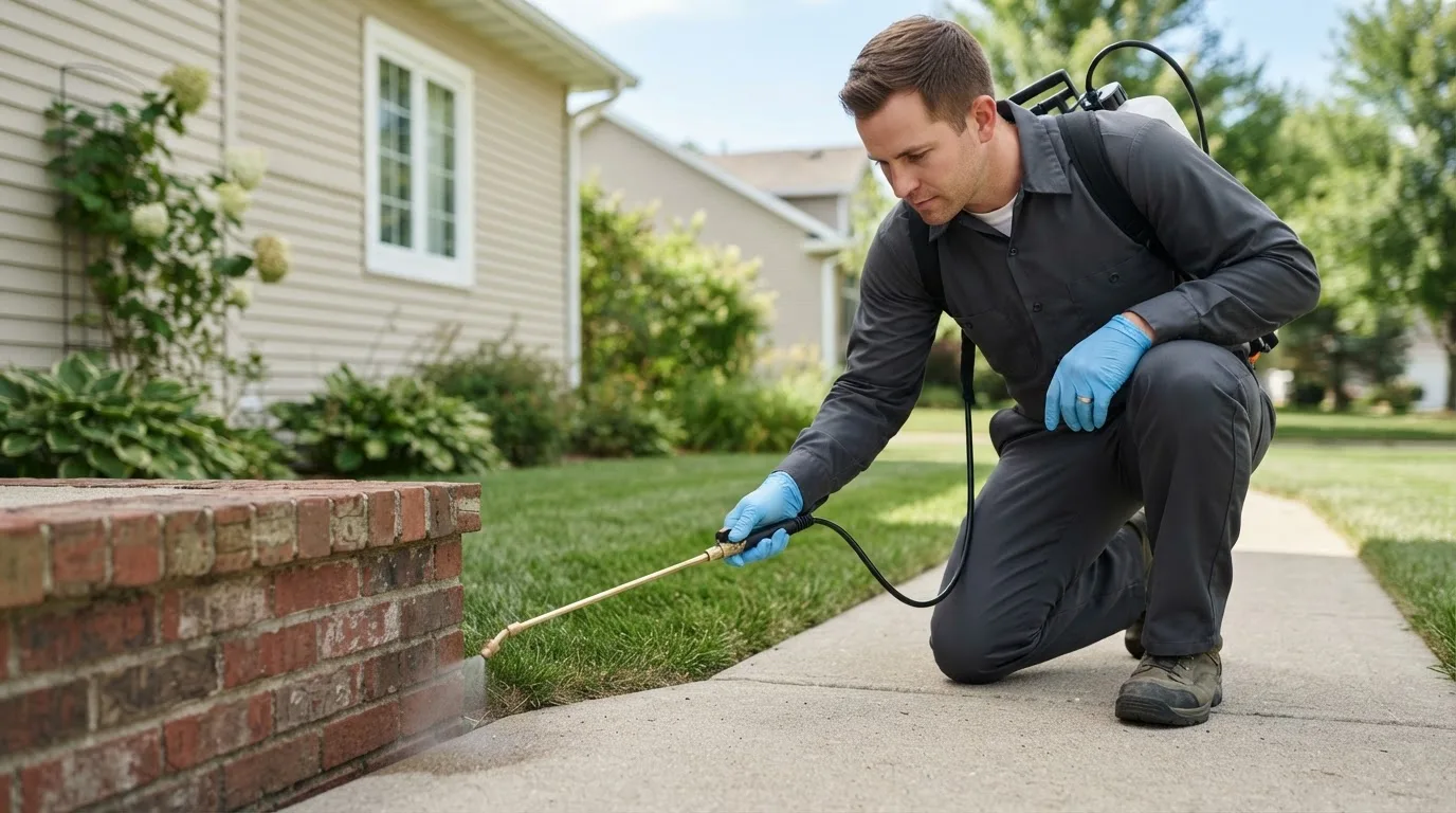 Pest control technician treating a home near Yeoman, IN
