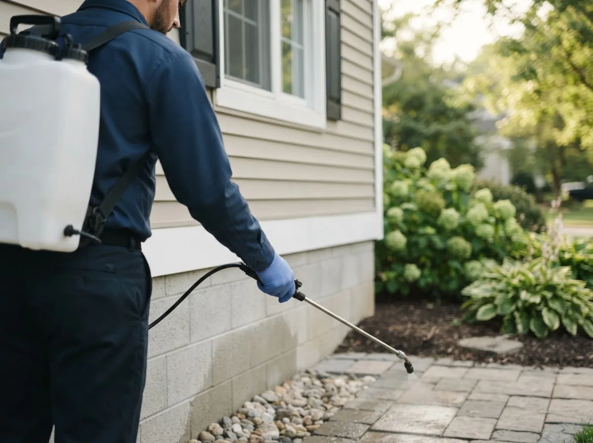 Pest control technician inspecting a home in Yeoman, IN
